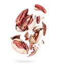 Pecan nuts cracked in the air close up, isolated on a white background