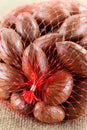 Whole Pecan nuts in a plastic net. Royalty Free Stock Photo