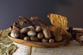 PECAN NUTS IN A WOODEN PLATTER WITH DRY LEAVES ON AN OPEN MUSIC BOOK Royalty Free Stock Photo