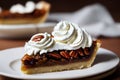 Pecan pie piece on shortbread dough with whipped cream on plate