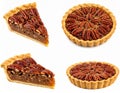 Pecan Pie Slices and Whole Pies on White Background Royalty Free Stock Photo