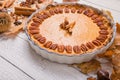 Pecan, Pumpkin, Thanksgiving Holiday Pies on a rustic table with decorative gourds. Top view