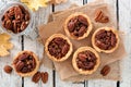 Pecan tarts, above table scene on rustic white wood Royalty Free Stock Photo