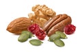 Pecan, walnut, almonds, green pumpkin seeds and dried cranberry isolated on white background. Nut and berries mix group