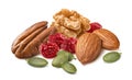 Pecan, walnut, almonds, green pumpkin seeds and dried cranberry isolated on white background. Nut and berries mix Royalty Free Stock Photo