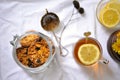 Still life with pecan biscuits and lemon herbal tea as a healthy breakfast