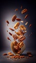 Pecans Nuts Creatively Falling-Dripping Flying or Splashing on Dark Background Generative AI