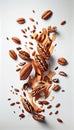 Pecans Nuts Creatively Falling-Dripping Flying or Splashing on White Background Generative AI