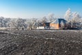 Lanscape with peasant houses at winter seaon  in boromlya village in sumskaya oblast, Ukraine Royalty Free Stock Photo