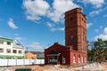 Pechory, Russia, September 7, 2023. Dumpling cafe in the building of an old water tower. Royalty Free Stock Photo