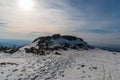 Pecny hill with rock formation in winter Jeseniky mountains in Czech republic Royalty Free Stock Photo