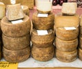 Pecorino cheese of Puglia exposed for sale. Royalty Free Stock Photo