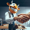 Business Handshake with Cow-Masked Smiling Executive