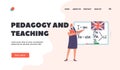 Pedagogy, Teaching and Education Landing Page Template. English Language Teacher Stand at Blackboard with Textbook