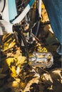 Pedal of bicycle against background of yellow leaves of tree Royalty Free Stock Photo