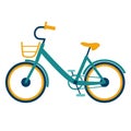 Pedal bike with a basket and low frame on a white background isolated. Side view of the silhouette of a yellow-green electric