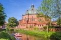 Pedal boat in front of the historic St. Augustinus church in Nordhorn