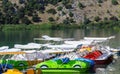 Pedal catamarans at coast of Cournas lake on Crete island