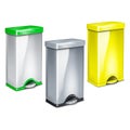 Pedal dustbin with hinged lid color mockup set. Metal dust bin realistic mock-up. Garbage waste container, trash can