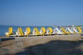 Pedalos in row at the morning, waiting for the fun Royalty Free Stock Photo