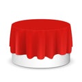 Vector realistic round podium covered with red silk cloth. Empty podium, stand with tablecloth.