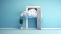 pedestal blue cylinder door stage room cloud abstract minimal showcase. Generative AI. Royalty Free Stock Photo