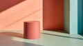 Pedestal in colorful room with shadows on the wall. Rich colored podium scene for product display. Generated AI.