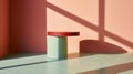 Pedestal in colorful room with shadows on the wall. Rich colored podium scene for product display. Generated AI.
