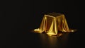 A pedestal covered with a golden luxurious cloth on a black background in the studio