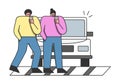 Pedestrian accident. Cartoon people using smartphones crossing street on zebra not noticing car