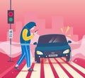 Pedestrian accident - Vector illustration. Man with smartphone on crosswalk - danger road Royalty Free Stock Photo