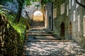 Pedestrian alley view of the Valere Basilica with old medieval buildings in Sion Valais Switzerland