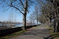 Pedestrian and bicycle lane on promenade riverside of Rhine River in DÃÂ¼sseldorf, Germany. Royalty Free Stock Photo