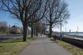 Pedestrian and bicycle lane on promenade riverside of Rhine River in DÃÂ¼sseldorf, Germany. Royalty Free Stock Photo