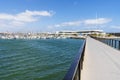 Pedestrian bridge, boats and modern architecture in marina of  Arrecife, Lanzarote, Canary Islands, Spain Royalty Free Stock Photo