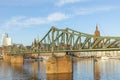 Pedestrian bridge crossing river Main called iron Bridge eiserner Steg in Frankfurt, Germany with skyline Royalty Free Stock Photo