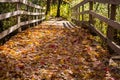 Pedestrian Bridge in the Midwest Covered in Fallen Autumn Leaves Royalty Free Stock Photo