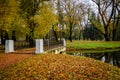 Pedestrian bridge over the narrow river in autumn city public park Royalty Free Stock Photo