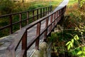 Pedestrian bridge over a small gorge and a stream. it consists of two steel crossbeams. as the surface and railing of the bridge i