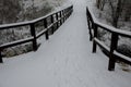 Pedestrian bridge over a small gorge and a stream. it consists of two steel crossbeams. as the surface and railing of the bridge i