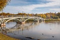 Pedestrian bridge to the island Horseshoe in Tsaritsyno park on autumn day. Moscow. Russia Royalty Free Stock Photo