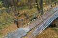 Pedestrian bridge with a trail in the autumn forest. Natural background with copy space for text