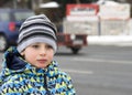 Pedestrian child by busy road Royalty Free Stock Photo