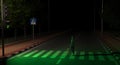 A pedestrian crosses the road on an unlit street at night at the green light of a traffic light. A man follows the rules of the ro