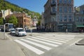 Pedestrian crossing at Bryggen historical quarter in Bergen, Norway. Royalty Free Stock Photo