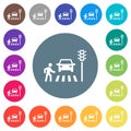 Pedestrian crossing flat white icons on round color backgrounds