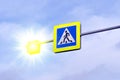 Pedestrian crossing road sign symbol. Bright blue and and luminous yellow pedestrian crosswalk sign Royalty Free Stock Photo