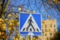 Pedestrian crossing sign in urban autumm setting Royalty Free Stock Photo