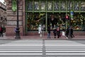 Pedestrian crossing and street performers Eliseyev Emporium of St. Petersburg