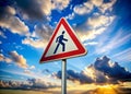 Pedestrian crossing warning sign against dramatic sky Royalty Free Stock Photo